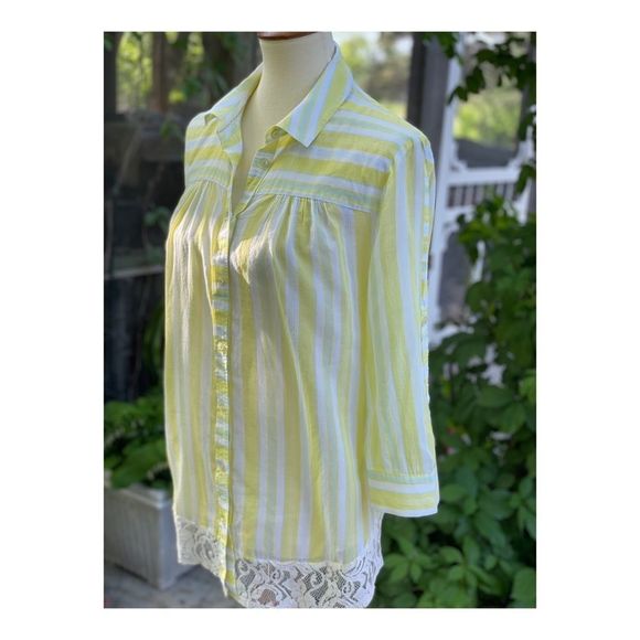 Esme & Esyllte Anthro Blouse Shirt Cotton Lace Stripes Sz 8 Yellow White - Picture 5 of 9
